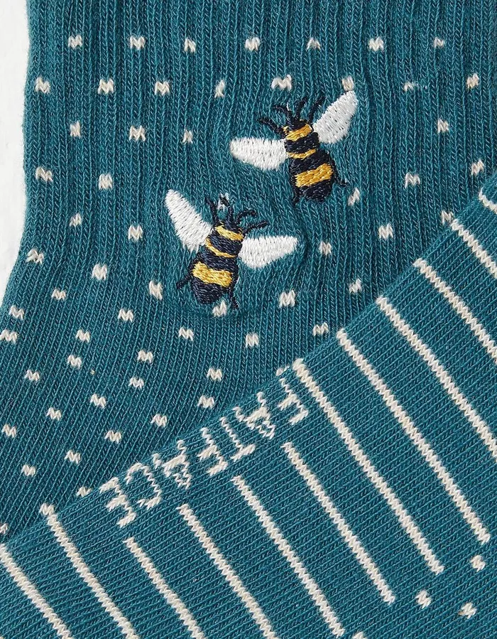 1 Pack Embroidered Bee Rib Socks Teal Green Women FatFace Socks Underwear and Tights