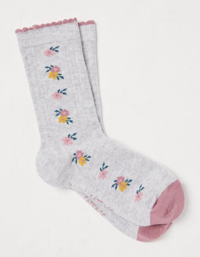 1 Pack Floral Socks Light Grey GirlsBoys FatFace Socks