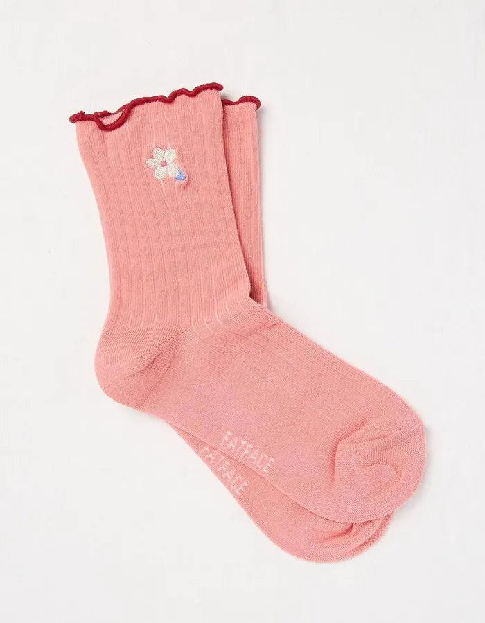 1 Pack Flower Rib Socks Coral Pink GirlsBoys FatFace Socks