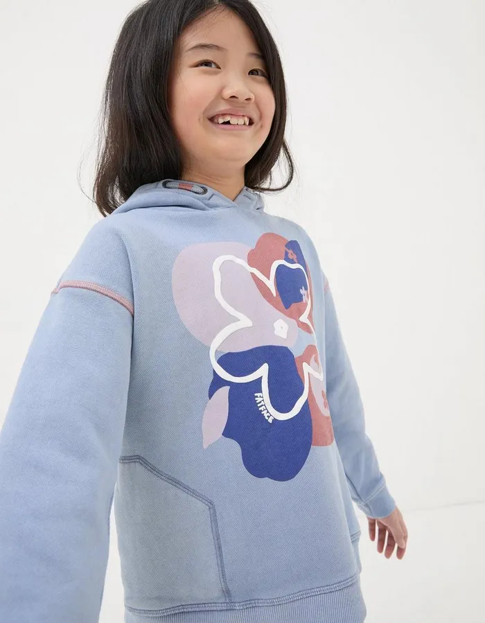 Abstract Floral Popover Hoodie Washed Blue Girls FatFace Sweatshirts and Hoodies
