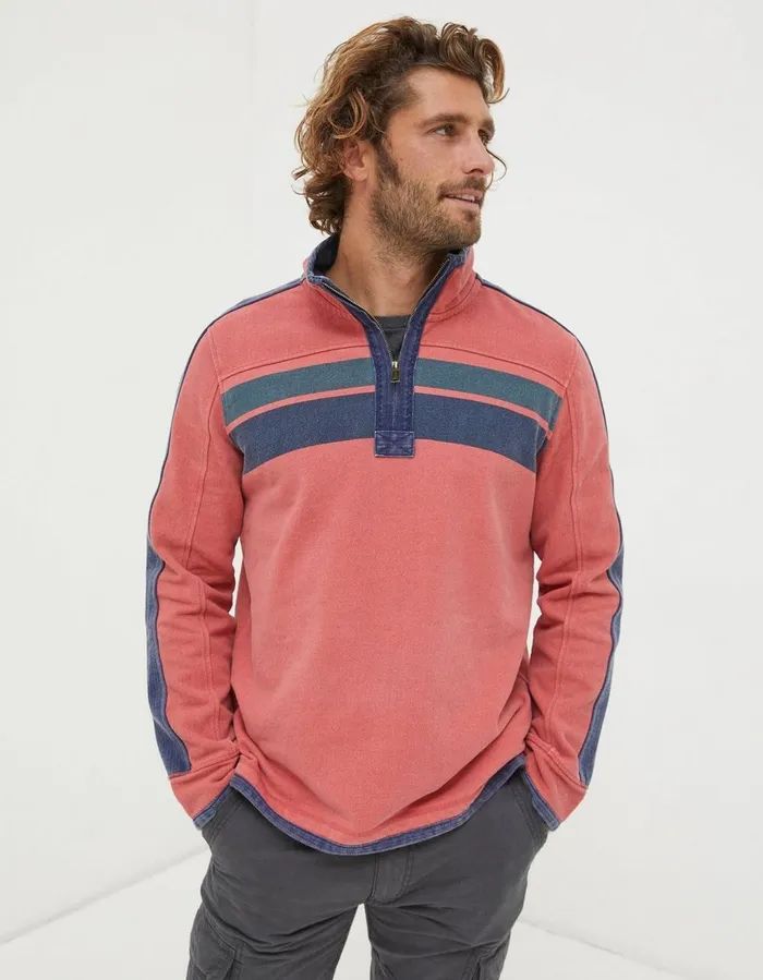 Airlie Yoke Stripe Sweatshirt Coral Pink Men FatFace Sweatshirts and Hoodies