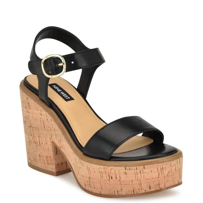 Amye Ankle Strap Wedge Sandals Black Women Nine West Sandals