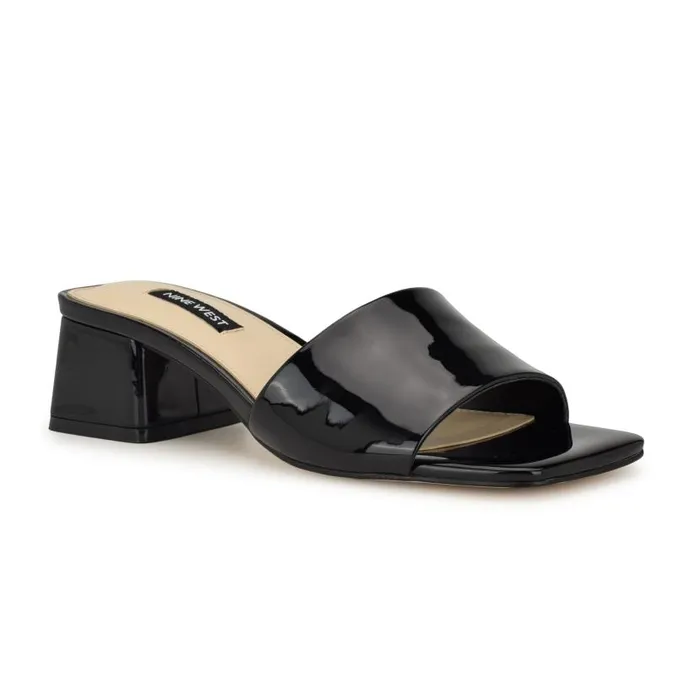 Bamsy Block Heel Slide Sandals Black Patent Women Nine West Sandals