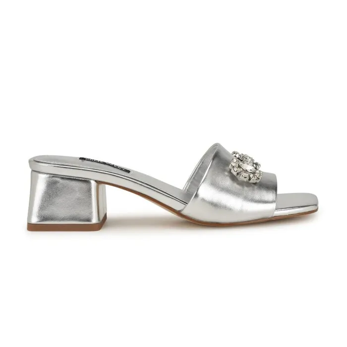 Bamsy Block Heel Slide Sandals Silver Women Nine West Heels