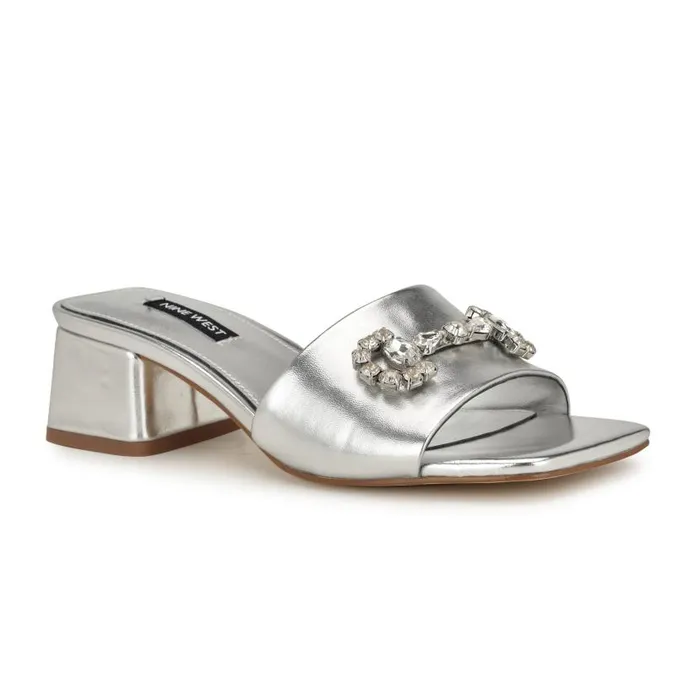 Bamsy Block Heel Slide Sandals Silver Women Nine West Heels