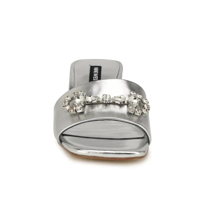 Bamsy Block Heel Slide Sandals Silver Women Nine West Heels