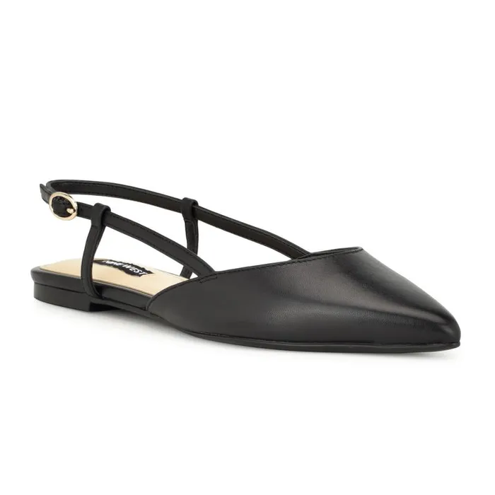 Bircah Pointy Toe Flat Slingbacks Black Leather Women Nine West Flats and Loafers