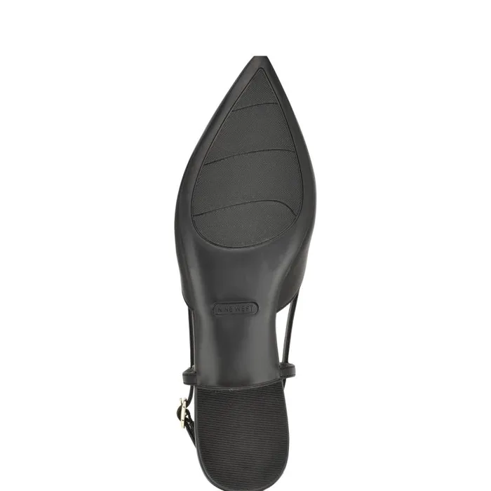 Bircah Pointy Toe Flat Slingbacks Black Leather Women Nine West Flats and Loafers
