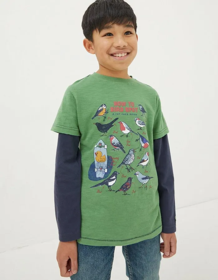 Bird Spotting Long Sleeve T Shirt Washed Green Boys FatFace TShirts and Polos