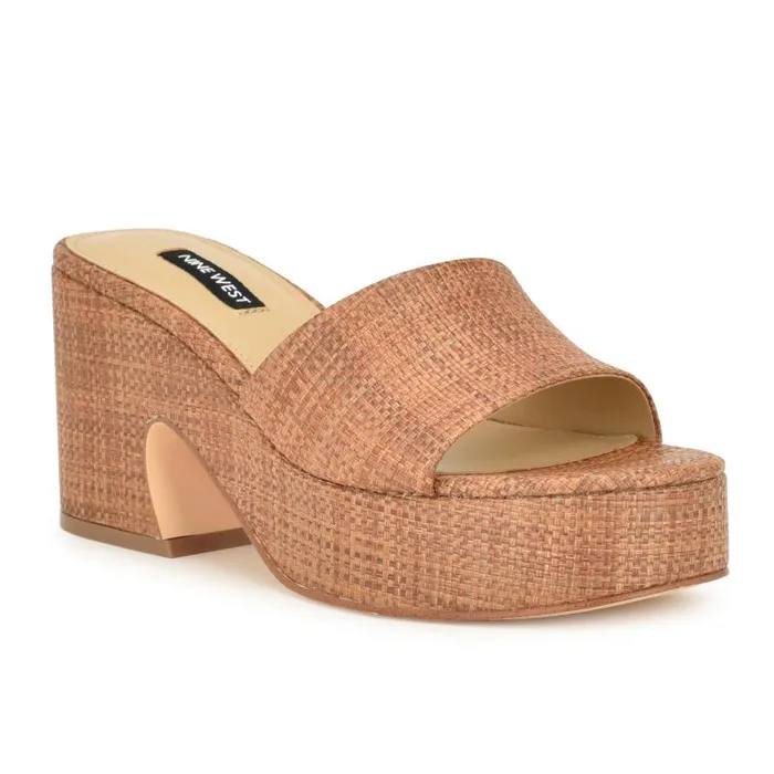 Boone Platform Slide Sandals Brown Raffia Women Nine West Sandals