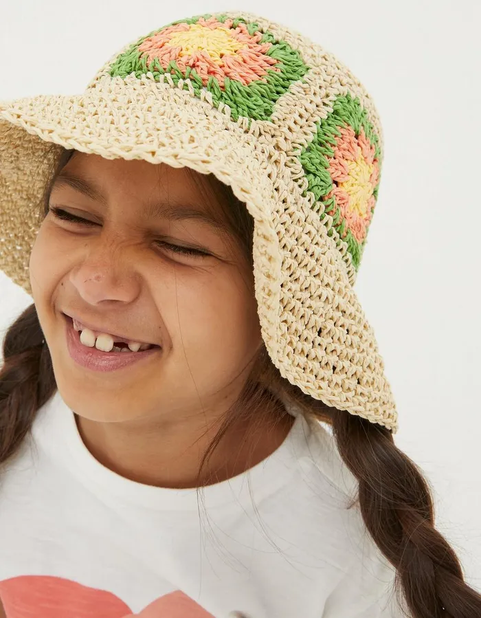 Crochet Straw Hat Natural Girls FatFace Accessories