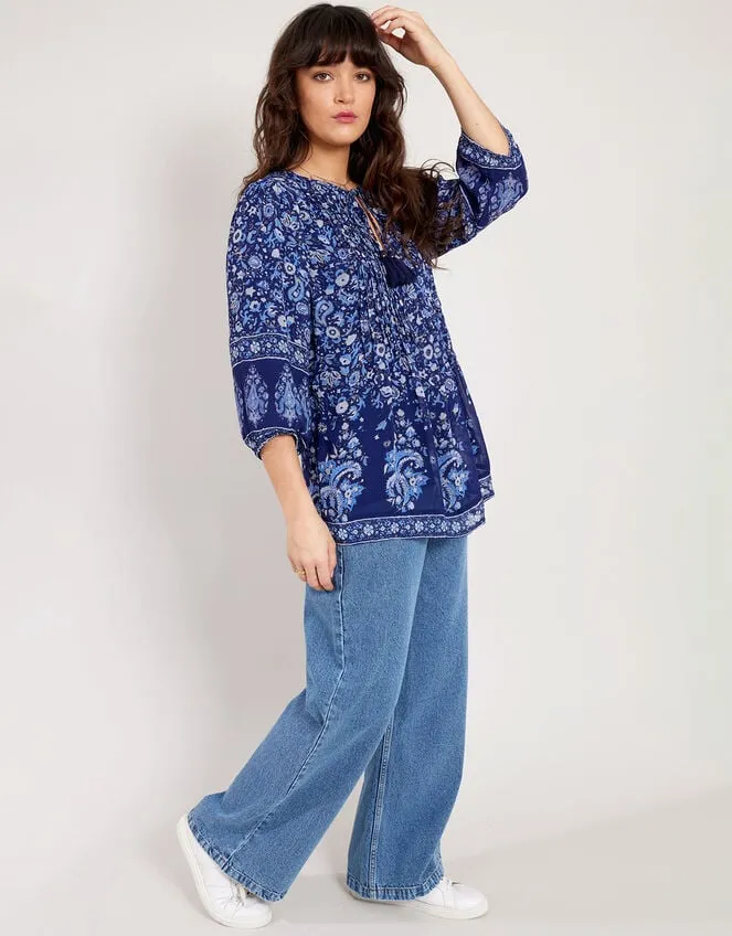 East Print Pleated Top Blue Women Monsoon Tops and Blouses