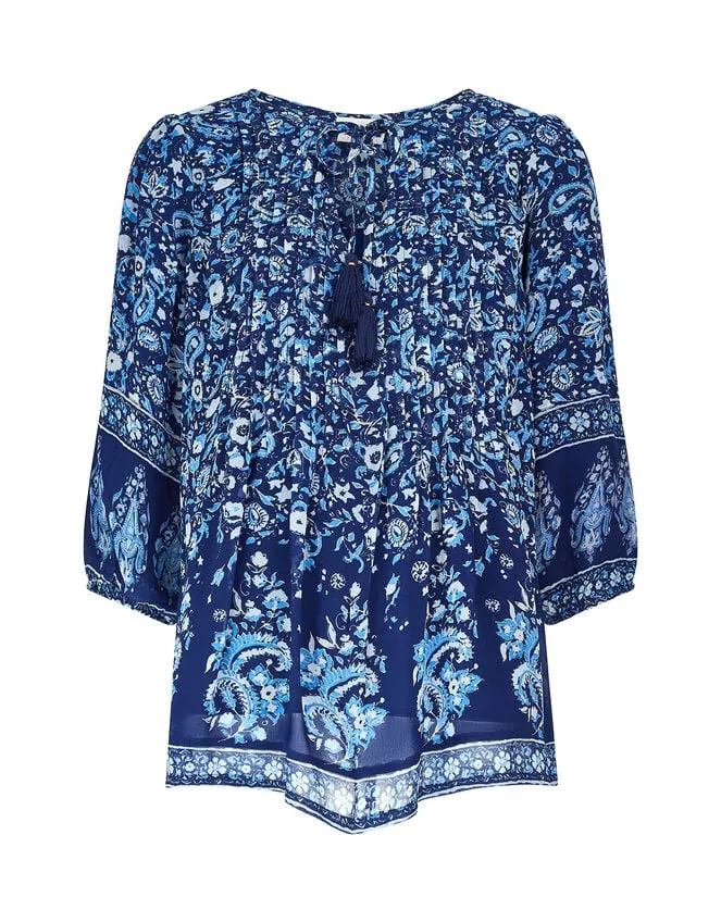 East Print Pleated Top Blue Women Monsoon Tops and Blouses