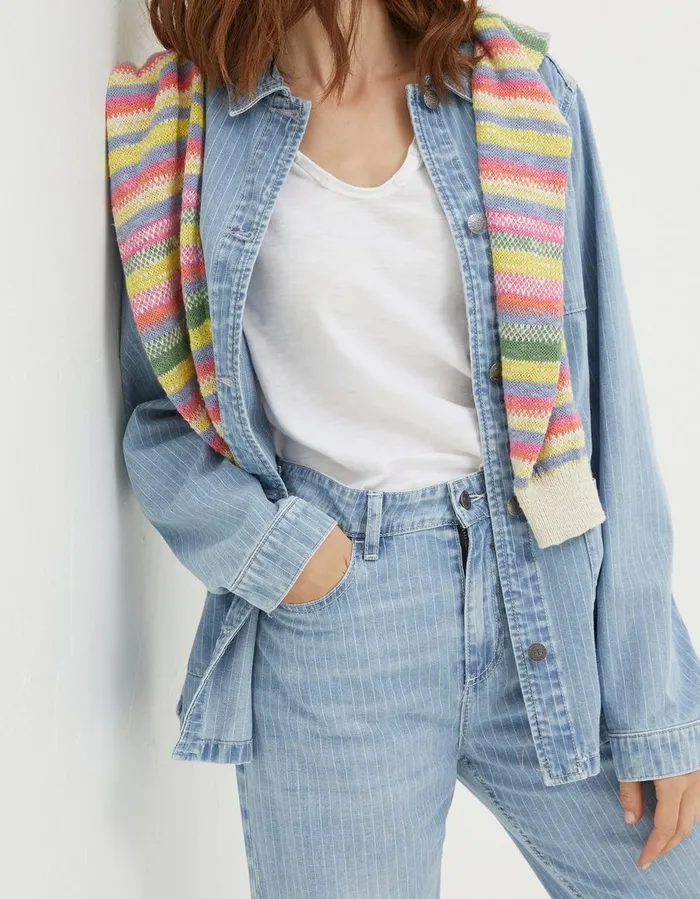 Eden Stripe Denim Worker Jacket Light Denim Blue Women FatFace Shirts and Blouses