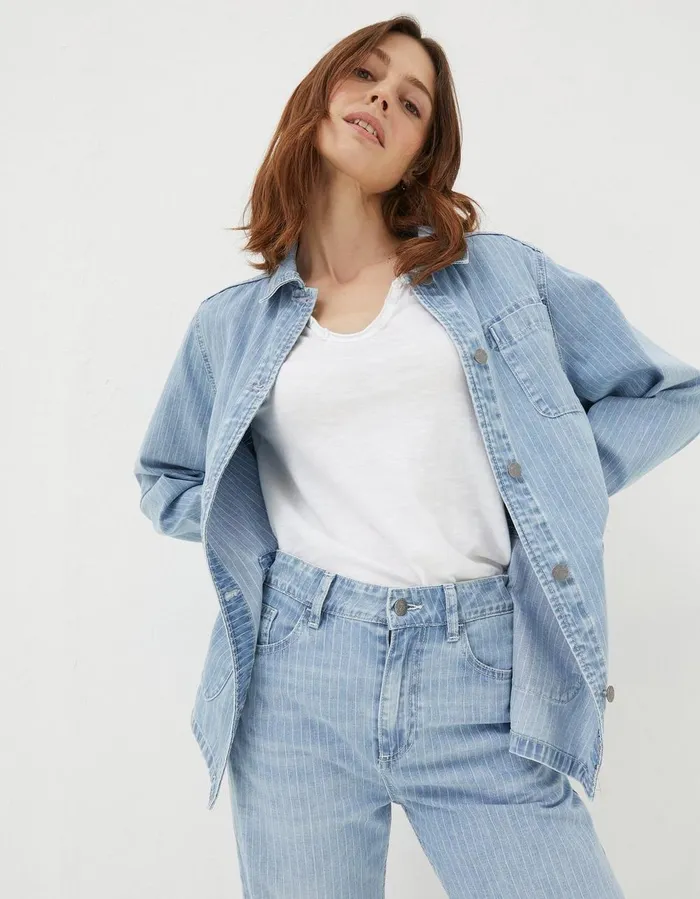 Eden Stripe Denim Worker Jacket Light Denim Blue Women FatFace Shirts and Blouses
