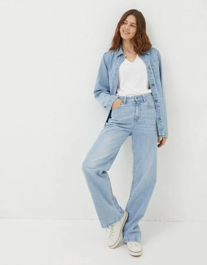 Eden Stripe Denim Worker Jacket Light Denim Blue Women FatFace Shirts and Blouses