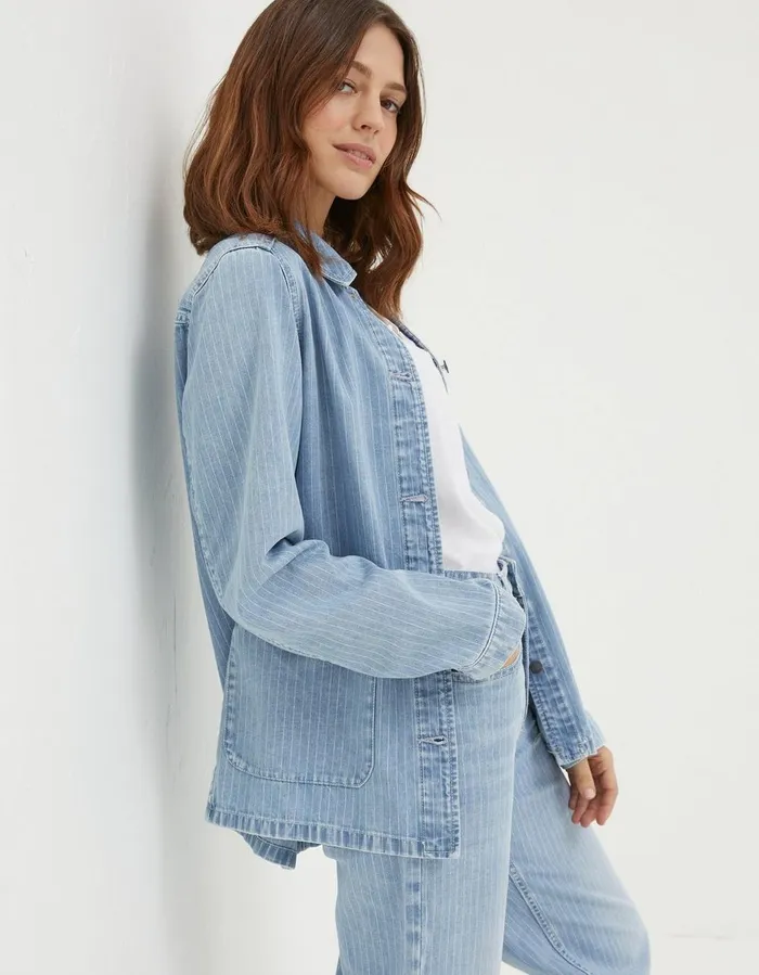 Eden Stripe Denim Worker Jacket Light Denim Blue Women FatFace Shirts and Blouses