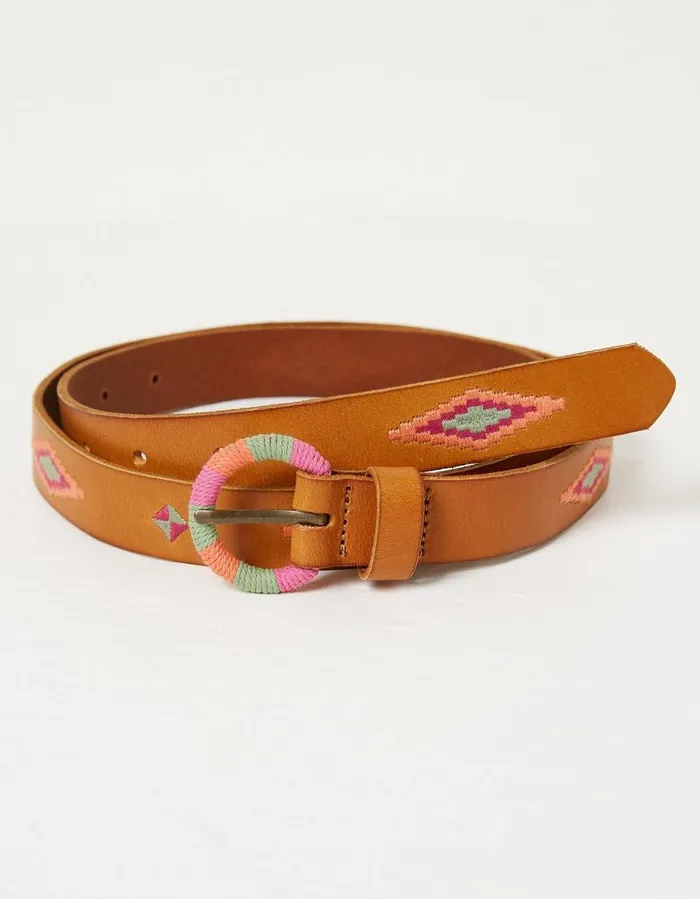Embroidered Jean Leather Belt Tan Women FatFace Belts