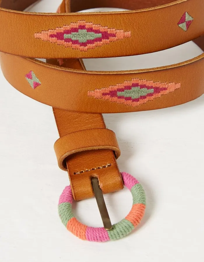 Embroidered Jean Leather Belt Tan Women FatFace Belts