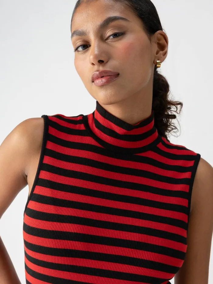 Essential Sleeveless Mock Neck Tank Black Cherry Red Stripe Women Sanctuary Clothing Tees and Tops