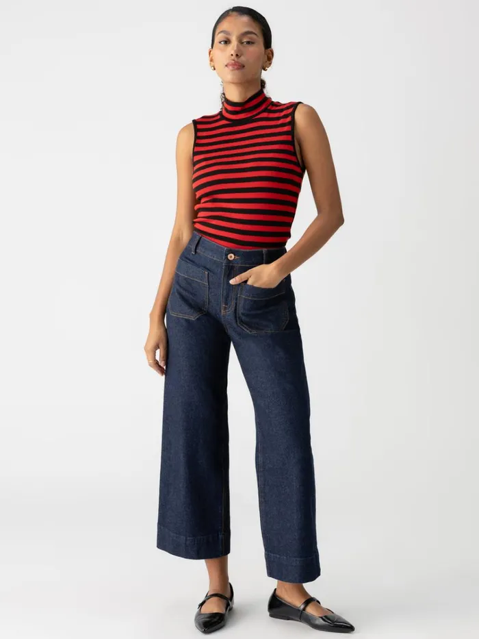 Essential Sleeveless Mock Neck Tank Black Cherry Red Stripe Women Sanctuary Clothing Tees and Tops