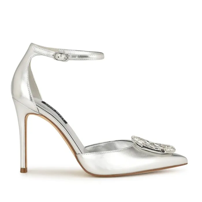 Felishe Pointy Toe Ankle Strap Pumps Silver Women Nine West Heels