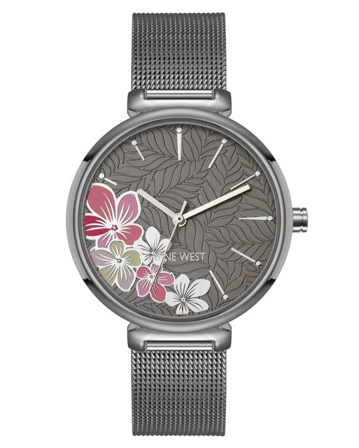 Floral Dial Mesh Bracelet Watch Grey WomenMen Nine West Watches