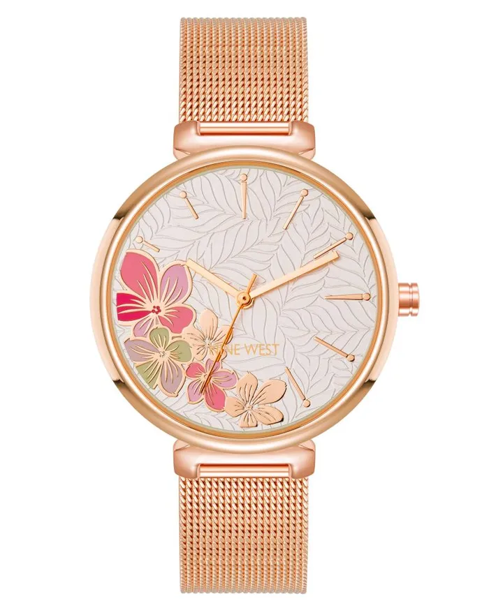 Floral Dial Mesh Bracelet Watch Rose Gold WomenMen Nine West Watches