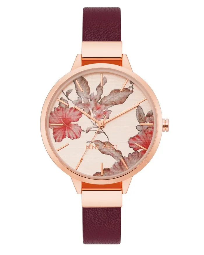 Floral Dial Strap Watch Burgundyrose Gold WomenMen Nine West Watches