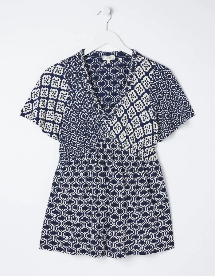 Frankie Patchwork Geo Top Blue Women FatFace Tops and TShirts