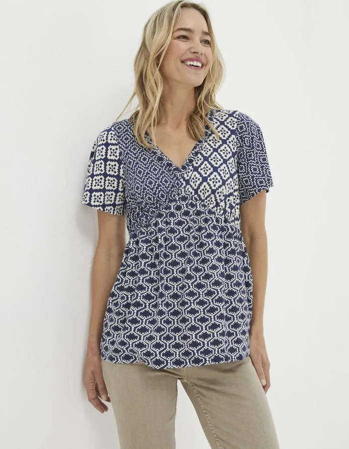 Frankie Patchwork Geo Top Blue Women FatFace Tops and TShirts