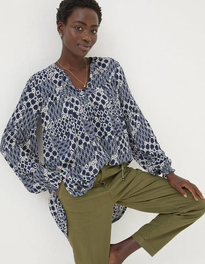 Georgie Patchwork Geo Tunic Navy Women FatFace Shirts and Blouses