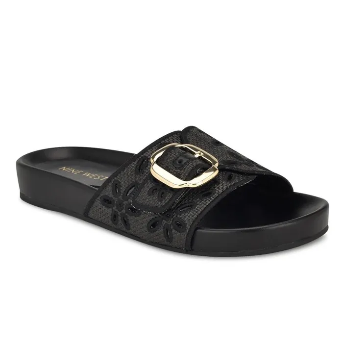 Giulia Casual Footbed Sandals Black Raffia Women Nine West Sandals
