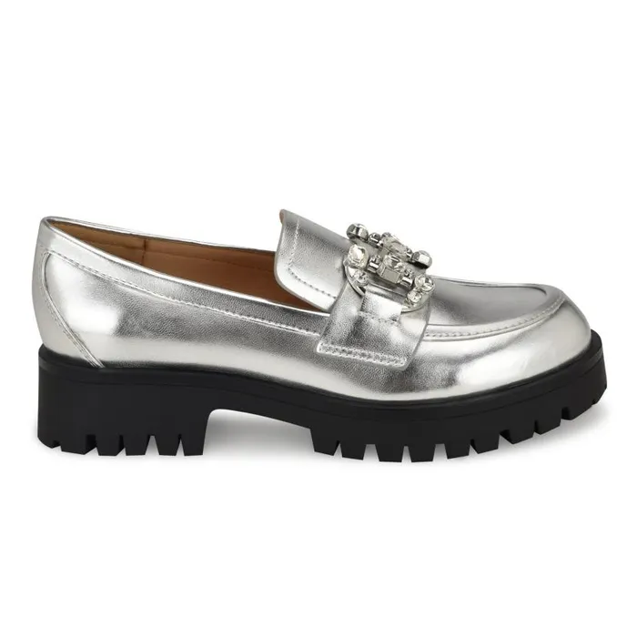 Glammy Lugsole Loafers Silver Women Nine West Flats and Loafers