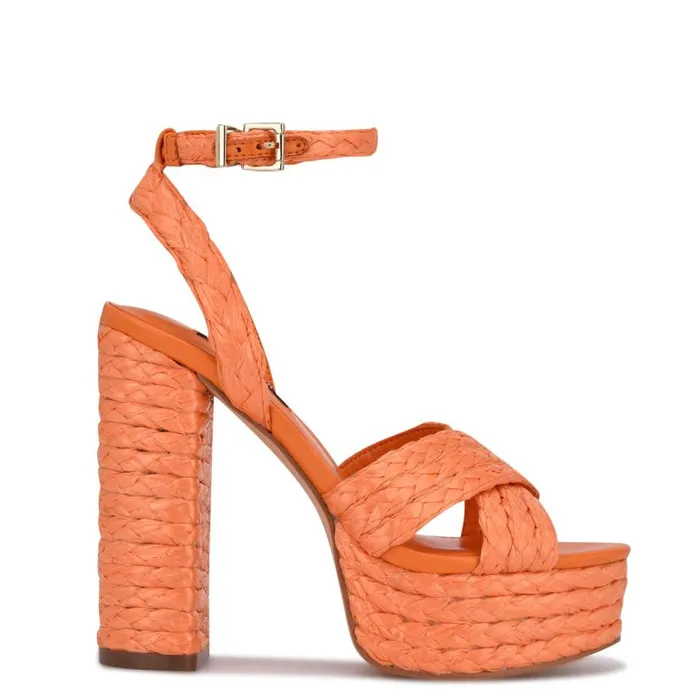 Hadyn Platform Sandals Vivid Orange Raffia Women Nine West Heels