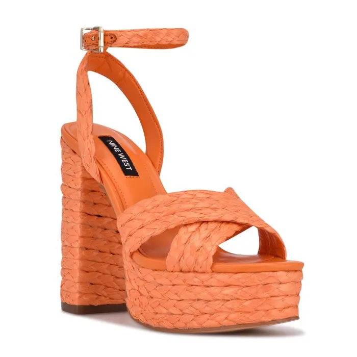 Hadyn Platform Sandals Vivid Orange Raffia Women Nine West Heels