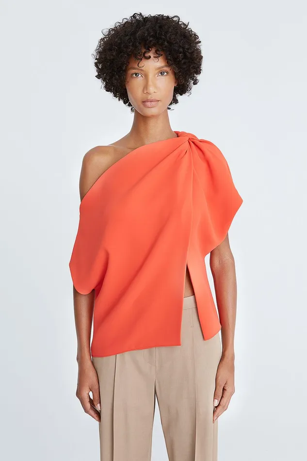 Halston Avah Crepe Shoulder Twist Top Vermillion Women Tops