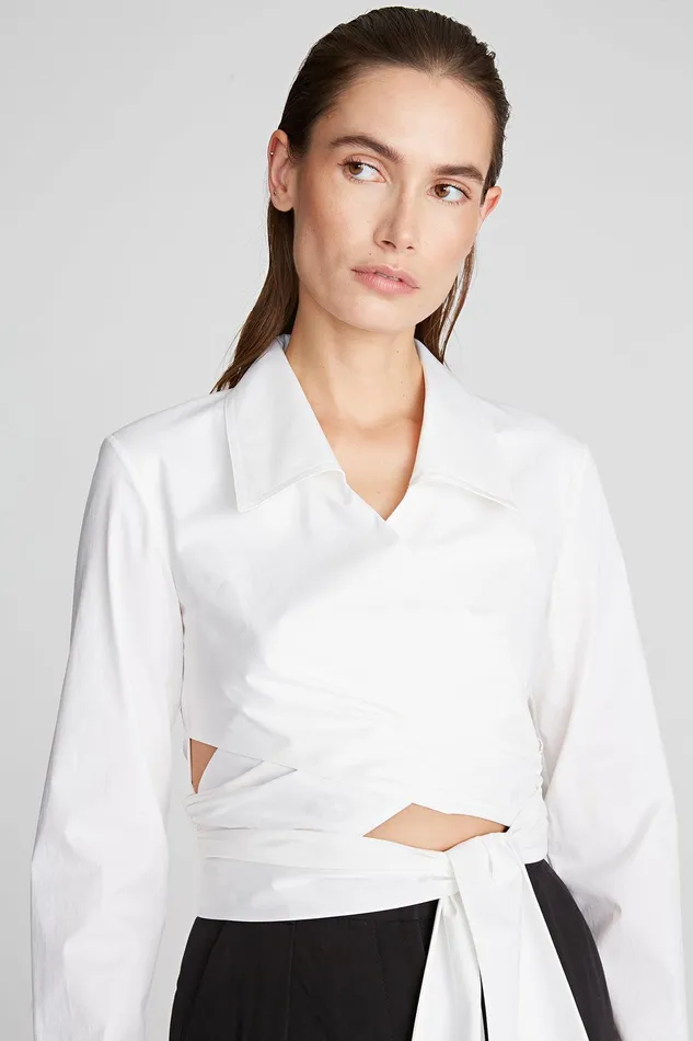 Halston Capri Blouse In Cotton Optic White Women Tops