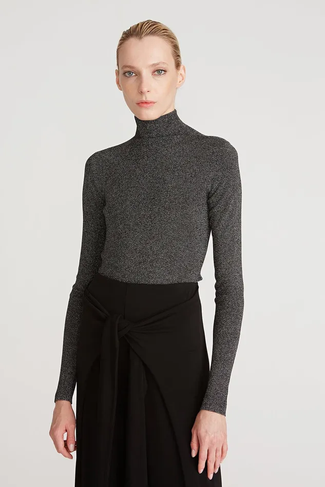 Halston Fai Lurex Turtleneck Sweater Black Silver Women Tops