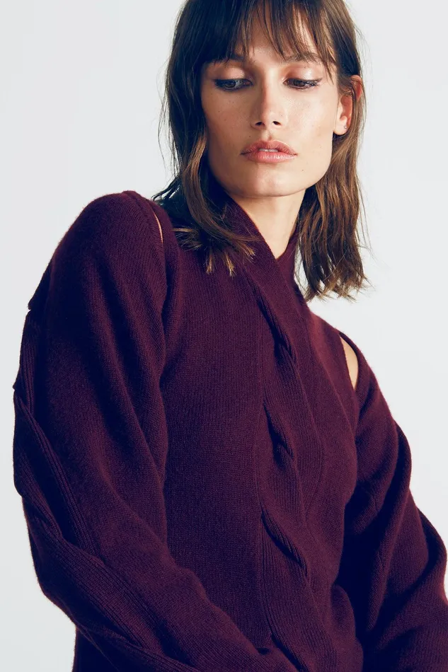 Halston Fay Wool Cash Cable Sweater Merlot Women Tops Halston Fay Wool Cash Cable Sweater Merlot Women Tops
