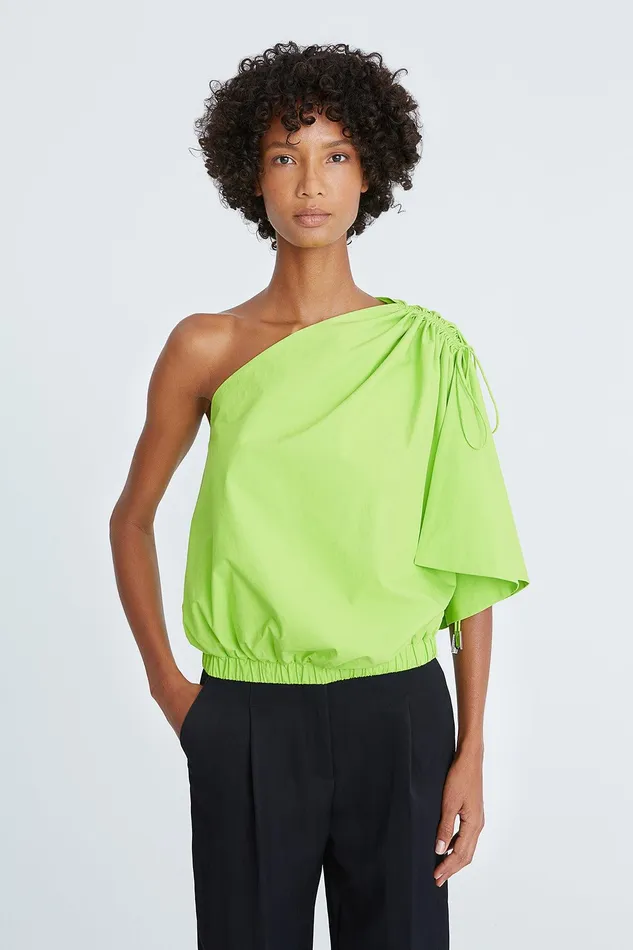 Halston Jianna Shirting Asymmetric Top Neon Green Women Tops