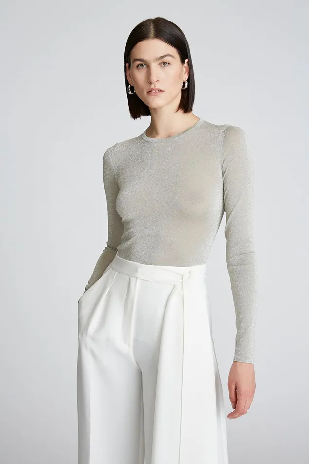 Halston Lucia Top In Lurex Knit IvorySilver Women Tops