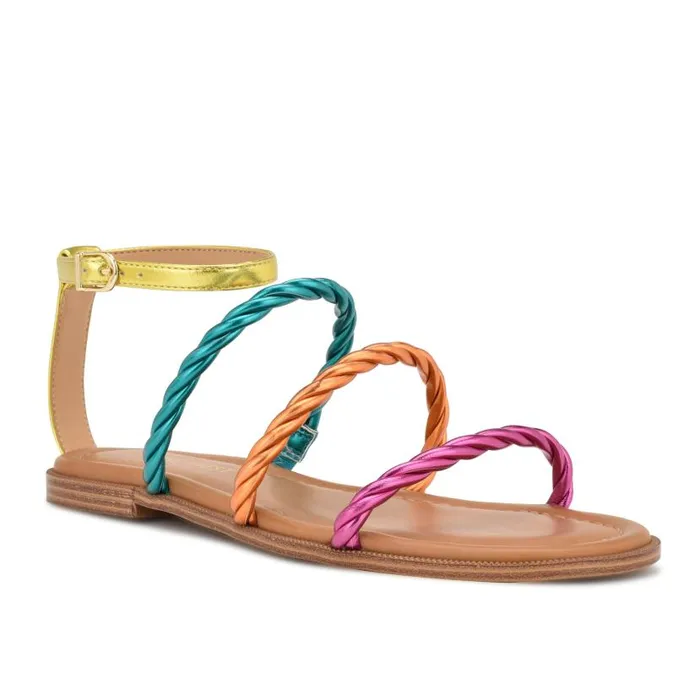 Ipster Ankle Strap Flat Sandals Pink Orange Multi Metallic Women Nine West Sandals