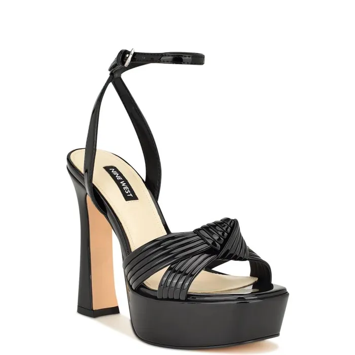 Irna Platform Ankle Strap Knotted Sandals Black Patent Women Nine West Sandals