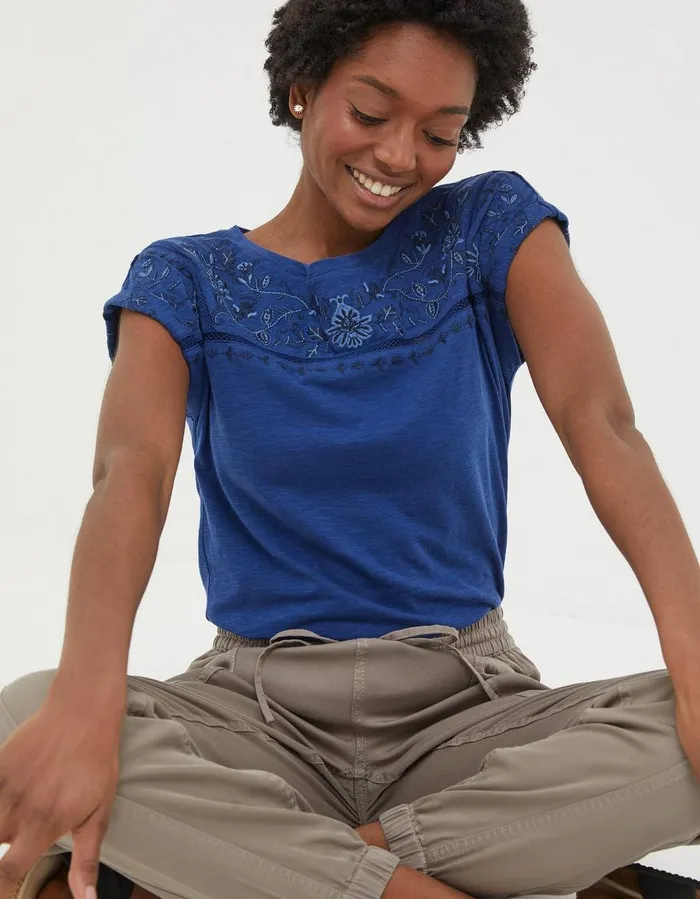 Ivy Embroidered T Shirt Blue Women FatFace Tops and TShirts