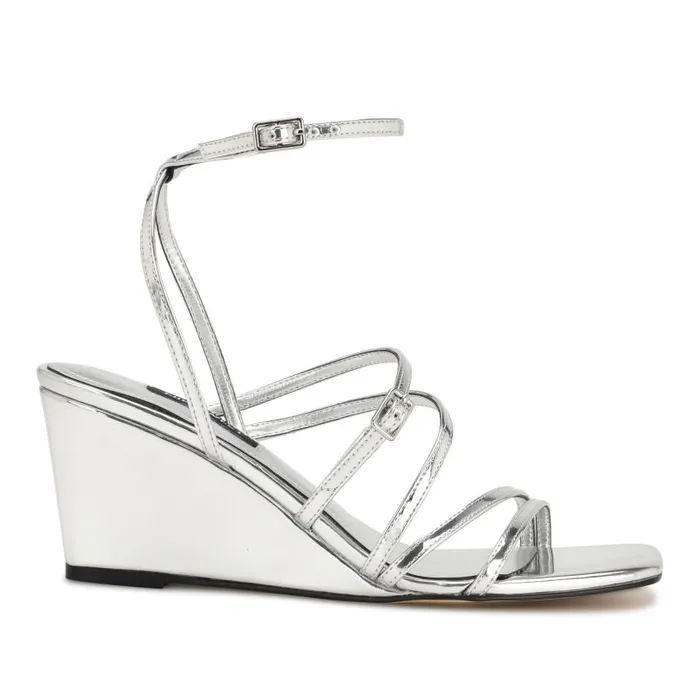 Keamer Ankle Strap Wedge Sandals Silver Mirror Metallic Women Nine West Sandals