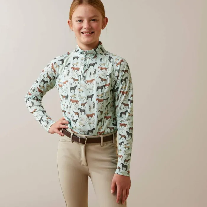Kids English Riding Clothing Ariat Sunstopper 20 14 Zip Baselayer Aqua Herd Print