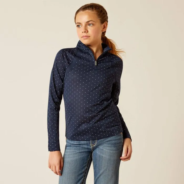 Kids English Riding Clothing Ariat Sunstopper 30 14 Zip Baselayer Navy Dot