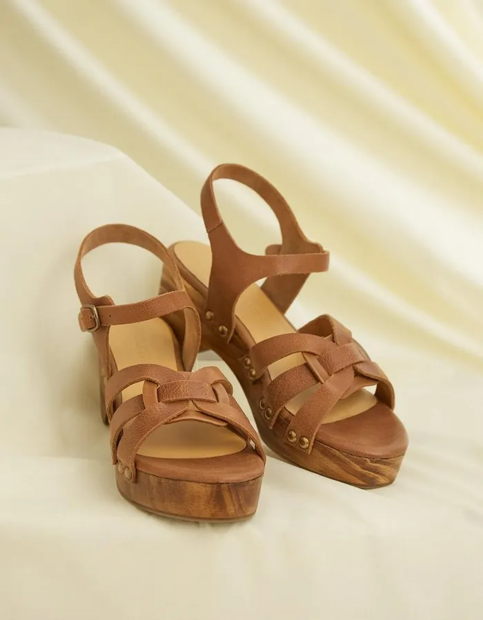 Leoni Mid Heel Clog Tan Women FatFace Sandals