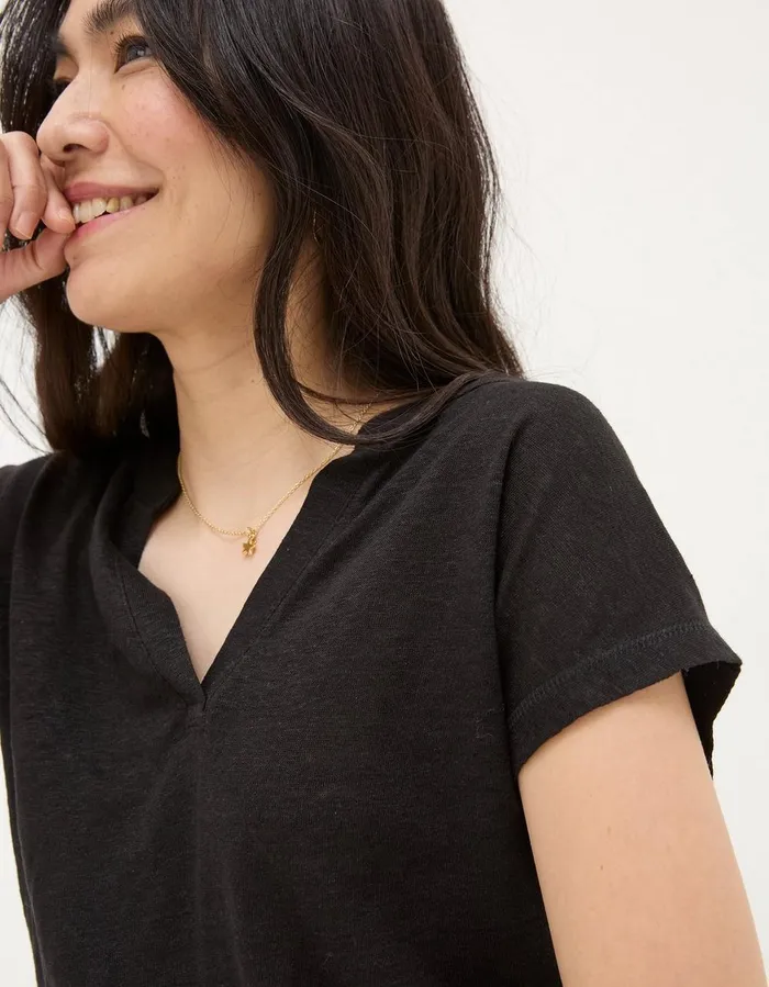 Linen Notch Neck TShirt Black Women FatFace Tops and TShirts